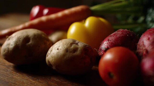 Assorted fresh vegetables on a wooden table: potatoes, red onions, a yellow pepper, and tomatoes.