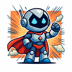 Hero Robot with Crest Emblem — Confident Android Mascot, Red Cape & Blue Armor, Cartoon Vector