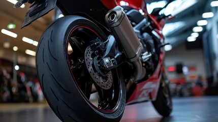 Fototapeta premium A close up shot of a sleek red motorcycle highlighting its rear tire and exhaust pipe