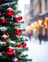 Festive Christmas tree on a snowy city street