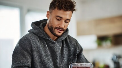 Young man in a grey hoodie focused on preparing a healthy smoothie in a bright modern kitchen setting capturing a moment of wellness