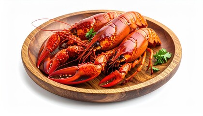 Three cooked lobsters on a wooden platter