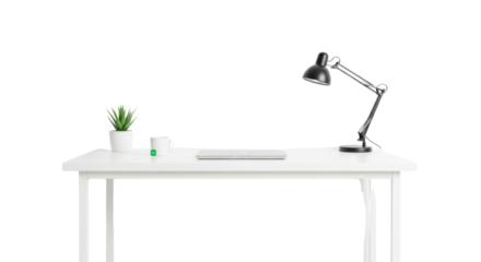 Minimalist desk setup with laptop, lamp and plant isolated PNG with Transparent Background