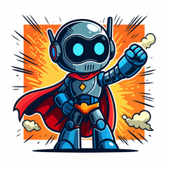 Chrome-Helmet Superhero Robot — Fist Up Victory Pose, Red Cape, Comic Burst Background