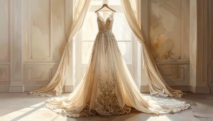 A luxurious, champagne-colored wedding gown hangs gracefully in a sun-drenched, ornate room, showcasing delicate embroidery and a classic silhouette.
