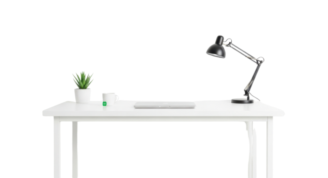 Minimalist desk setup with laptop, lamp and plant isolated PNG with Transparent Background