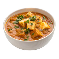 Delicious Paneer Butter Masala Served in a White Bowl with Fresh Cilantro Garnish Keywords: paneer, butter masala, indian