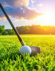 Golf club and ball on a grassy course at sunset