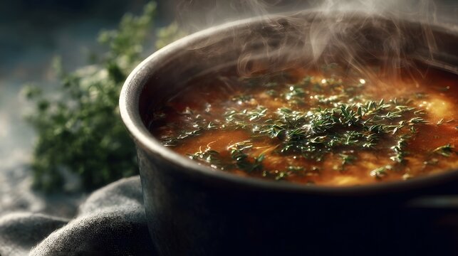 Close up of a steaming pot of hearty herb garnished soup evoking warmth and comfort in a rustic setting