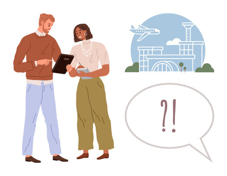 Man and woman review documents and tablet near airport illustration, exchanging ideas. Ideal for travel, teamwork, communication, planning, business, collaboration logistics. Simple flat metaphor