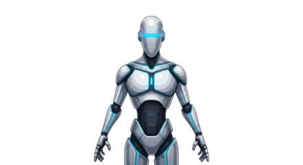 Silver humanoid robot in upright pose isolated PNG with Transparent Background