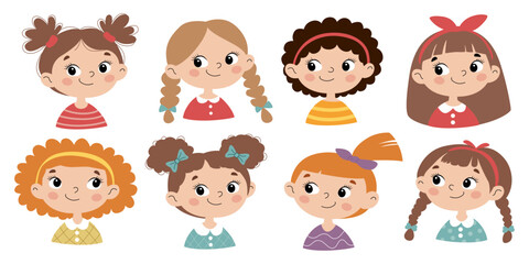 Cute cartoon girls faces set, vector illustration of diverse kids portraits with different hairstyles and expressions, children avatars for design and decoration © Anastasiia