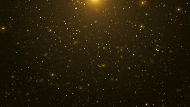 Elegant animation of falling golden particles glowing against dark background, luxurious festive atmosphere for celebrations, events, cinematic intros, award presentations, glamorous scenes.