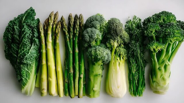 A row of fresh green vegetables: kale, asparagus, broccoli and bok choy.