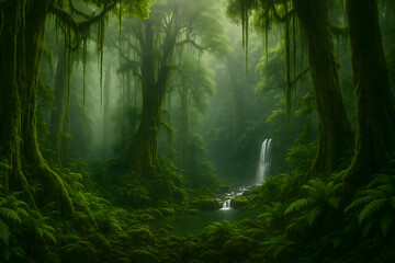 Obraz premium Misty rainforest with mossy trees and a small waterfall