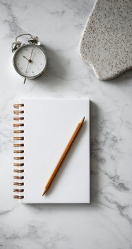 Flat lay of a spiral-bound notebook, pencil, and alarm clock on a marble surface