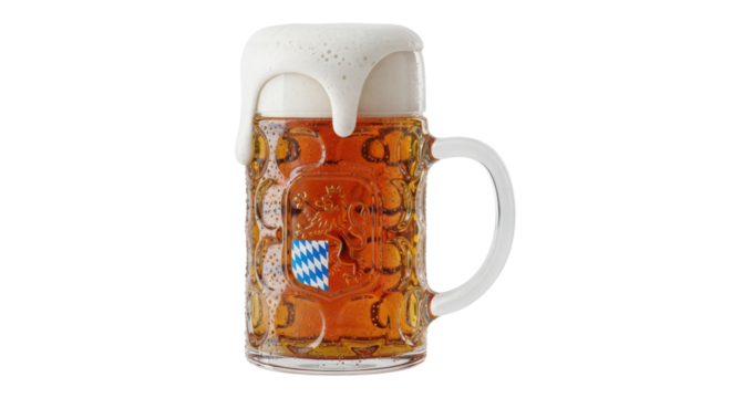 Full beer stein with foam overflowing isolated PNG with Transparent Background
