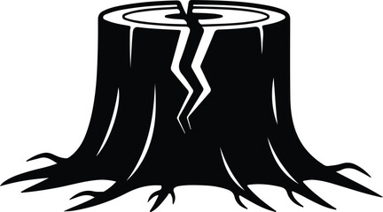 Vector Cracked tree stump with roots black and white silhouette Illustrator © Tamjida Alam
