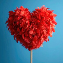 A heart-shaped form composed of many red feathers against a vibrant blue background