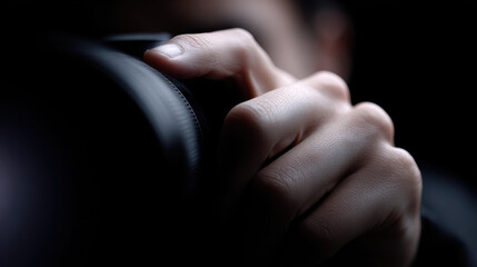 Close up of hand gripping camera lens, showcasing intricate details of fingers and texture of lens. image conveys sense of focus and professionalism in photography