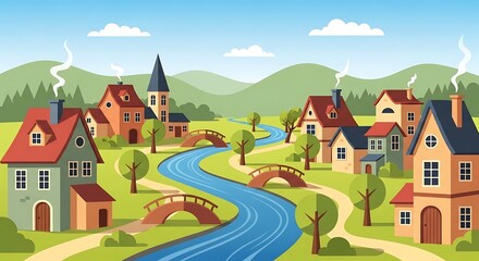Naklejka premium Village river landscape.