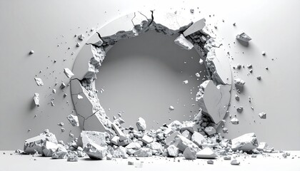 Shattered grey circle in a wall