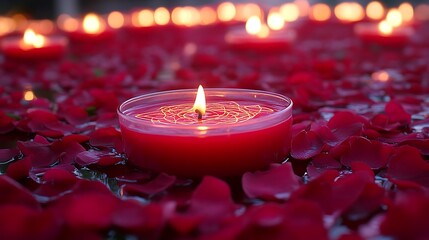 Red candles in a pool of rose petals