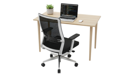 Office desk with laptop and plant in pot with chair isolated PNG with Transparent Background