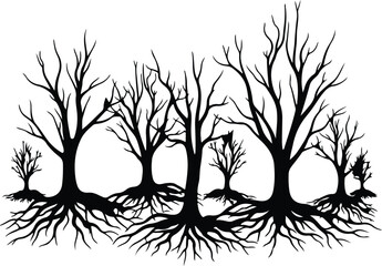Obraz premium Vector Spooky forest trees roots Halloween woodland silhouette Illustrator