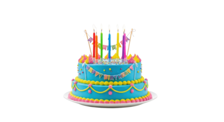 Colorful two-tiered birthday cake with lighted candles isolated PNG with Transparent Background