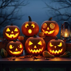 Spooky glowing jack-o-lanterns create a festive halloween scene with a vintage lantern