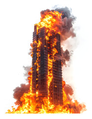 Tower Inferno: A high-rise building consumed by flames, with billowing smoke against the bright sky, highlighting the intensity of the disaster and the destructive power of fire.