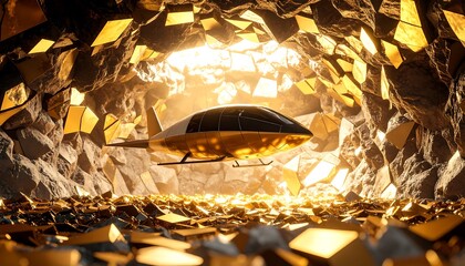 Futuristic Aircraft Inside a Golden Cave Interior with Shining Light