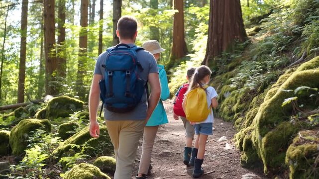 Famille faisant de la randonn&eacute;e en for&ecirc;t en &eacute;t&eacute;