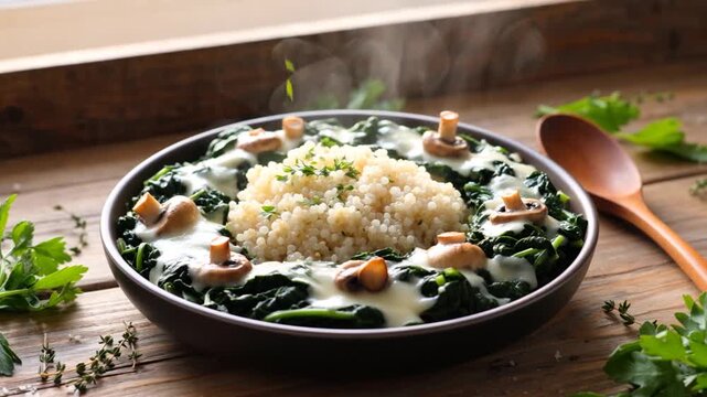 Bol de quinoa avec &eacute;pinards et champignons