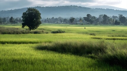 Fototapeta premium A serene expansive green rice paddy field under a misty hazy mountain landscape with a lone tree and a distant figure