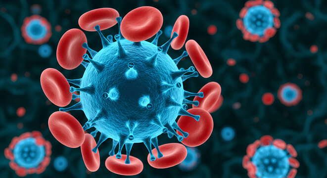 3D Illustration of Virus Cells and Red Blood Cells in the Bloodstream