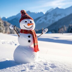 Obraz premium Cheerful snowman in a snowy landscape