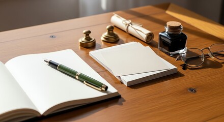 Vintage Writing Essentials: Fountain Pen, Inkwell, Parchment, and Glasses on a Sunlit Wooden Desk