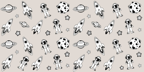 Cute hand drawn space pattern featuring astronauts rockets planets stars and asteroids on a light beige background