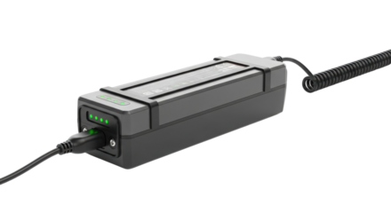 Black rechargeable battery with charger cord connected isolated PNG with Transparent Background
