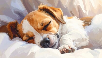 A charming depiction of a small dog, peacefully nestled in a soft bed, exudes a serene and gentle mood.