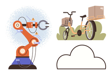 Robotic arm with warning icons, freight bike carrying packages, outlined cloud graphic. Ideal for automation, logistics, innovation, efficiency, Industry 4.0 sustainability connectivity concepts