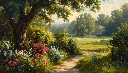 Obraz premium A sun-drenched pathway winds through a vibrant garden, bathed in warm light, showcasing a profusion of colorful flowers and lush greenery.