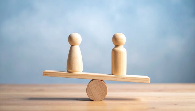 Two wooden figurines balanced on a plank over a fulcrum&mdash;evoking fairness, equilibrium, and relational symmetry.
