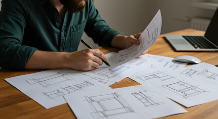Man reviewing architectural plans and blueprints at a wooden desk