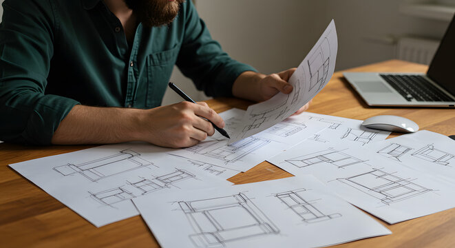 Man reviewing architectural plans and blueprints at a wooden desk