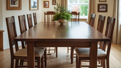 Obraz premium A large, polished wooden dining table with matching chairs fills a bright, inviting dining room.
