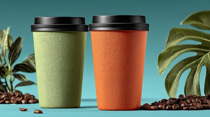 Vibrant textured coffee cups with lush tropical leaves and rich coffee beans evoke a modern, refreshing beverage experience.