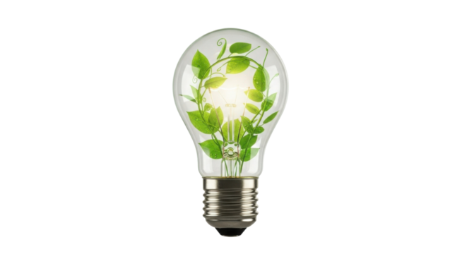 Lightbulb with plant growing inside as a symbol for green energy isolated PNG with Transparent Background